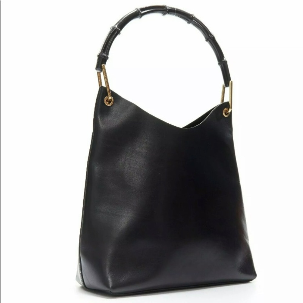 vintage GUCCI black calfskin leather‎ Bamboo handle shoulder hobo tote bag - Picture 3 of 12